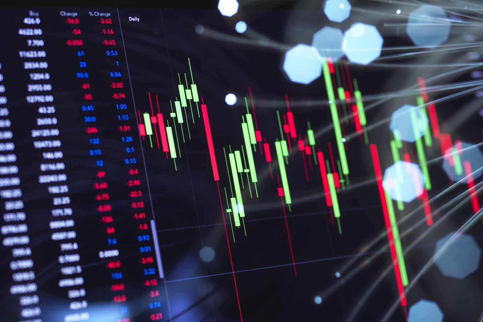 AI Financial Services, Fibre optics carrying data updating stock market information.