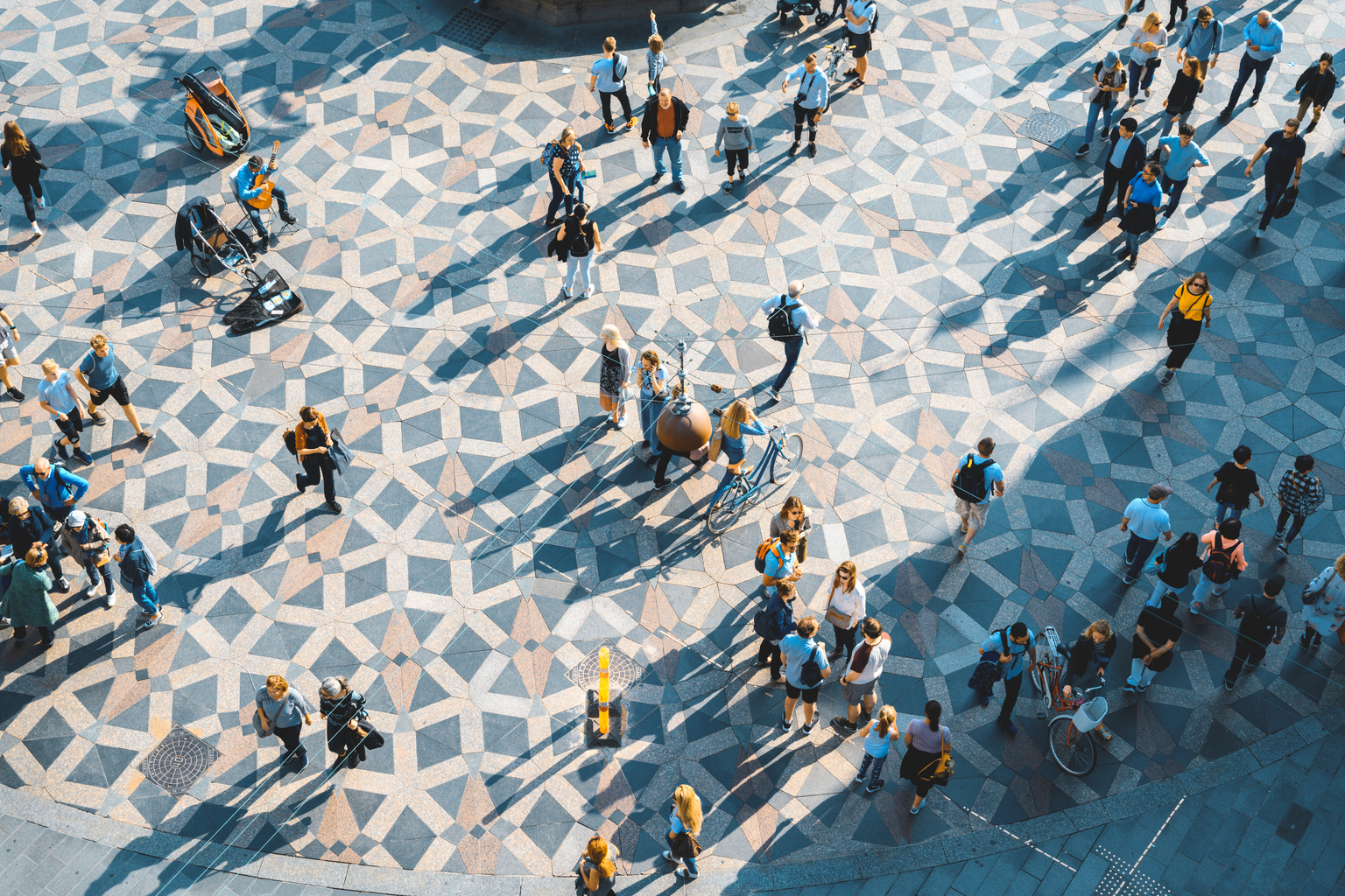 High angle view people walking in Amagertorv square, Copenhagen Denmark,
